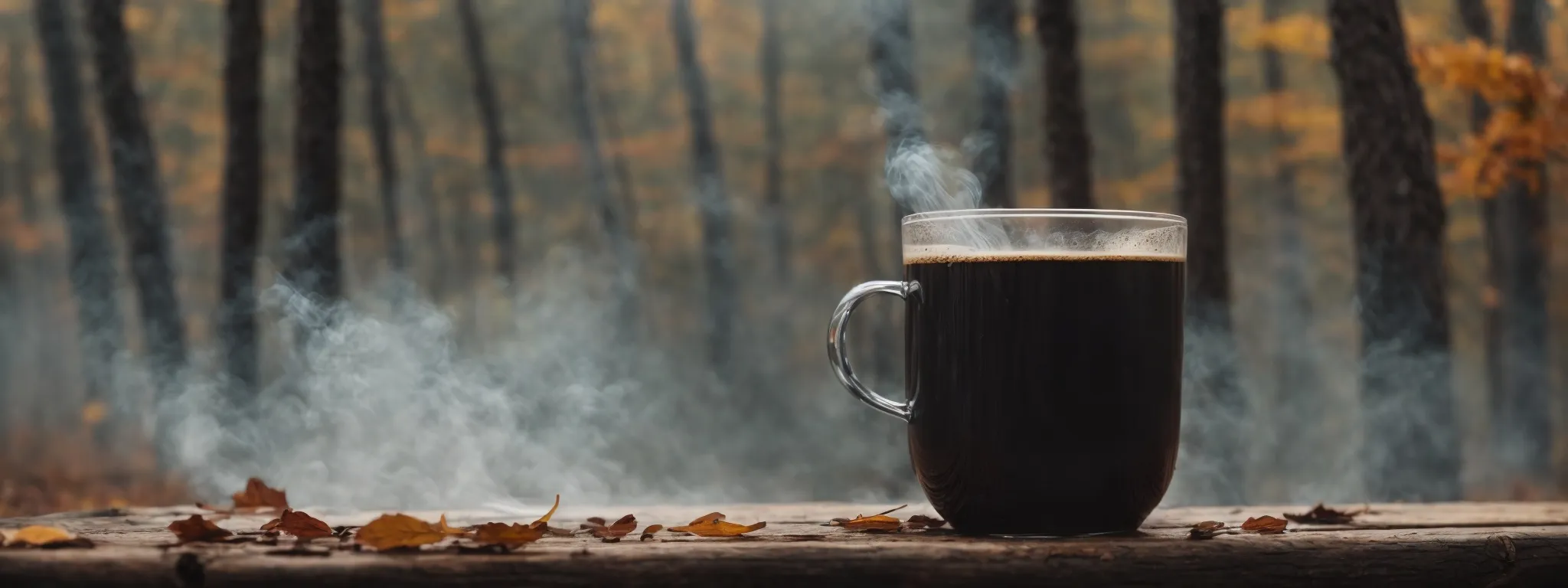 steaming coffee on a rustic wooden table with a blurry forest background in autumn.