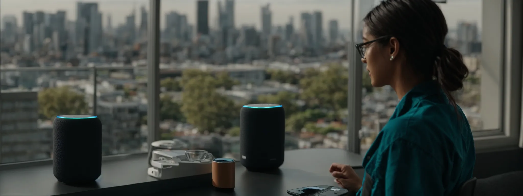 a person speaking to a smart speaker on a clean desk while a vibrant cityscape looms in the background.