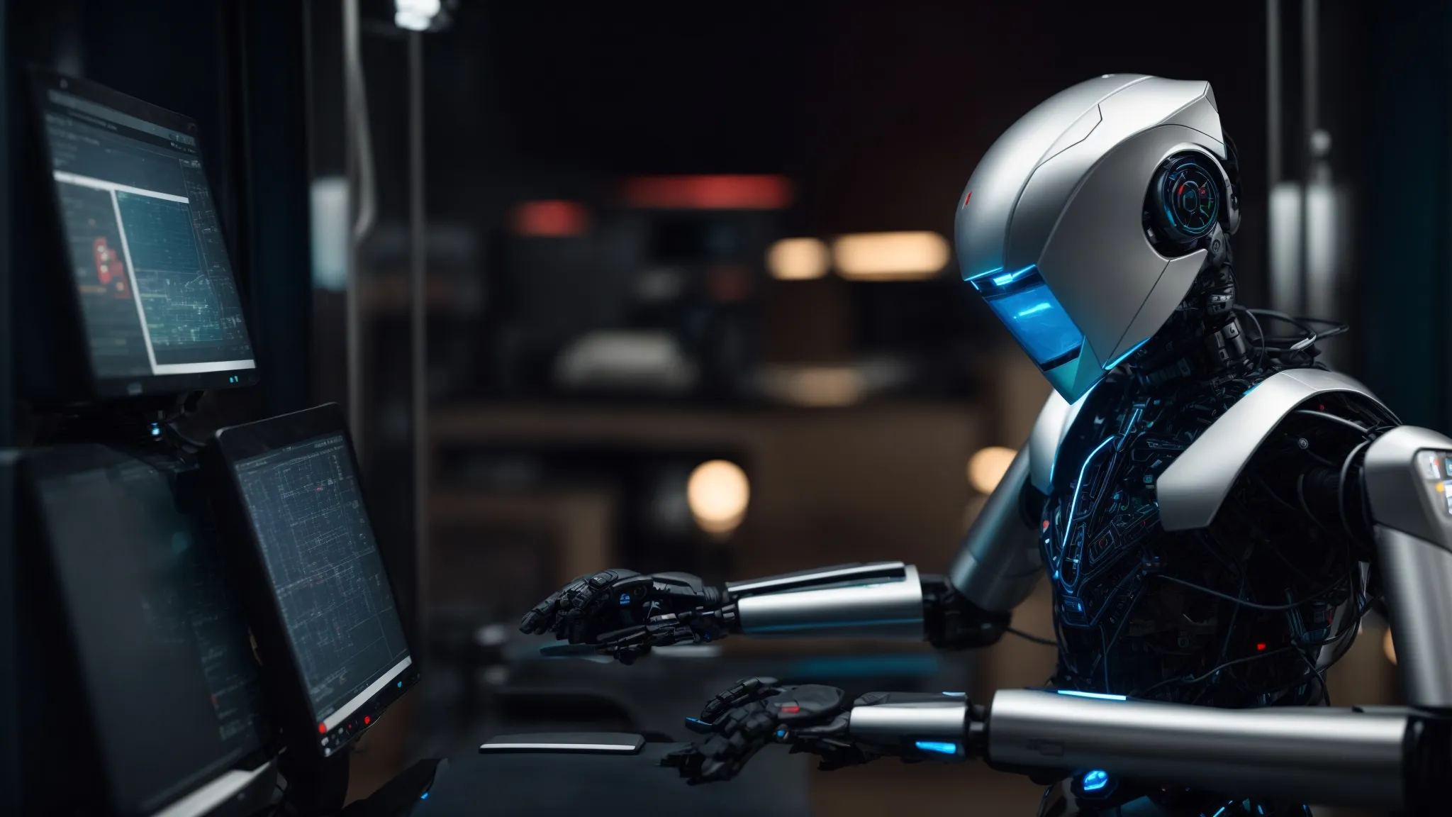 a humanoid robot interacting with a computer displaying graphs and network connections.