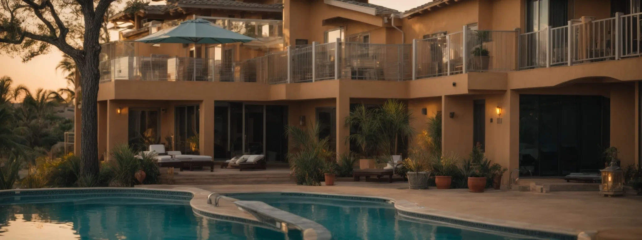 a vacation rental's luxurious pool area basking in the golden glow of sunset.