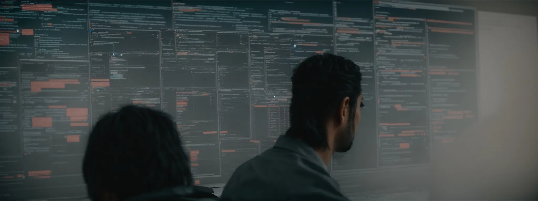 a web developer attentively studies a cascading flowchart on a computer screen, symbolizing content structuring with header tags.