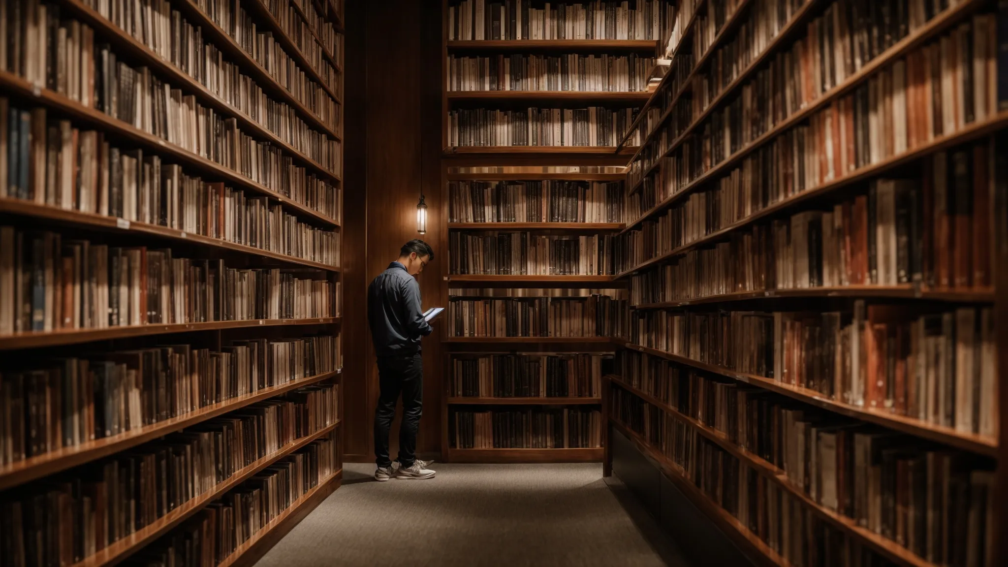 a person studying an expansive library of books, symbolizing the acquisition of seo knowledge.