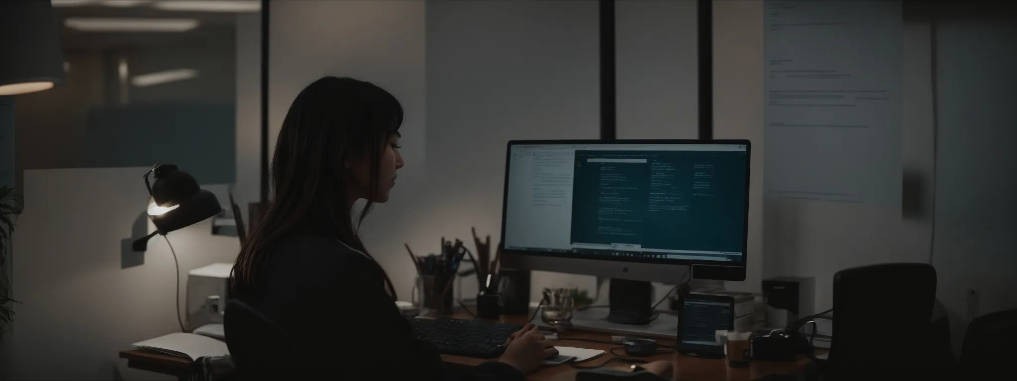 a person at a desk with a computer screen displaying a search engine results page amidst a serene office space.