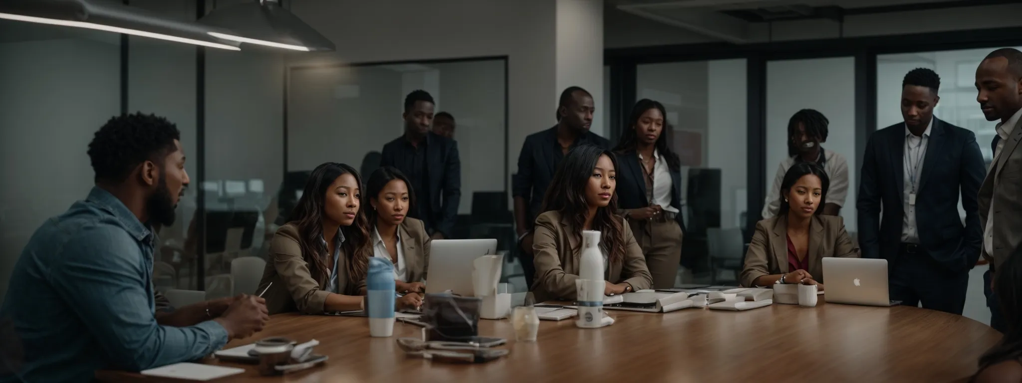 a diverse group of professionals are gathered around a conference table with laptops, engaging in a collaborative seo strategy session.