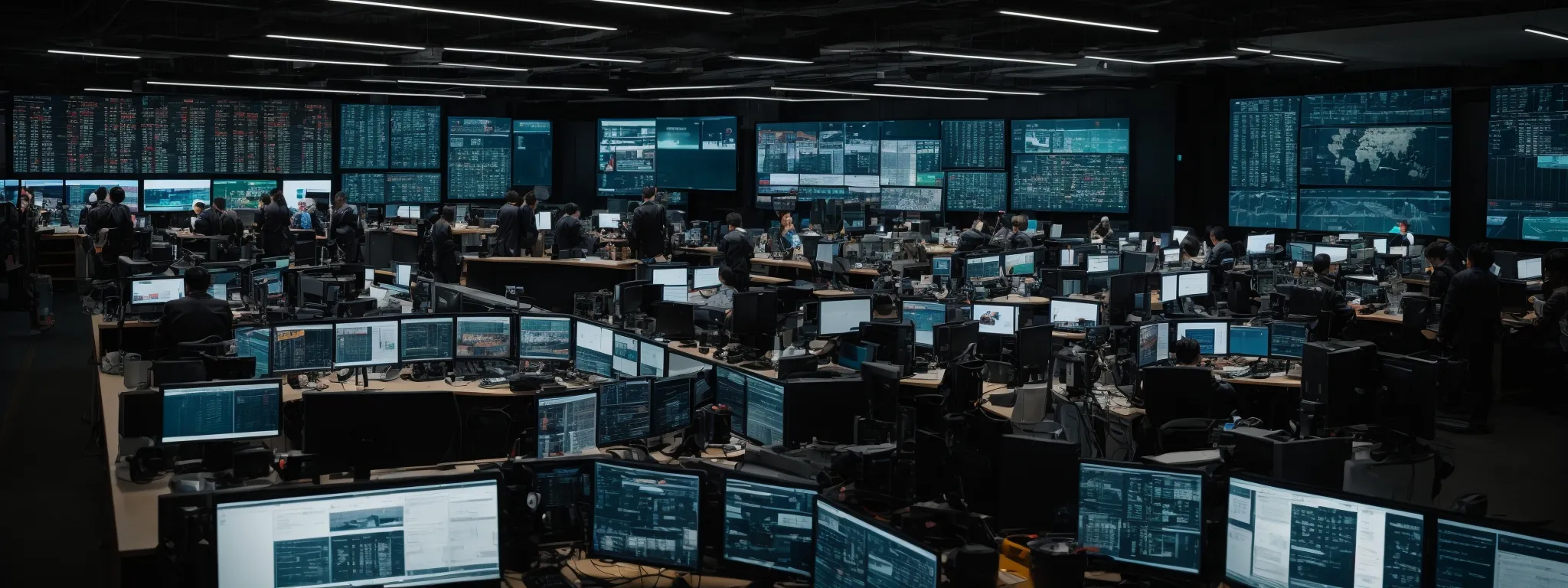 a bustling digital operations center with screens displaying website analytics and status reports.