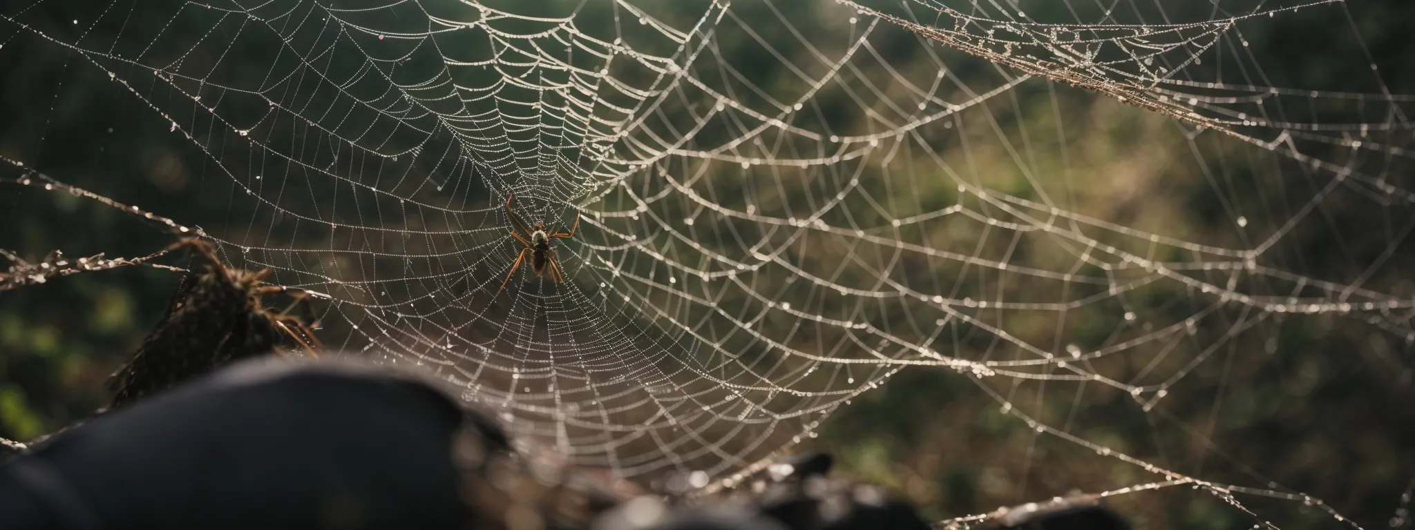 a spider weaving an intricate web that connects each segment seamlessly, symbolizing a strong internal linking network.