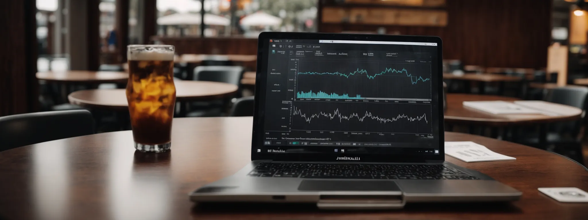 a laptop with analytical graphs on the screen rests on a table at a jacksonville café, symbolizing a local business's seo strategy focus.