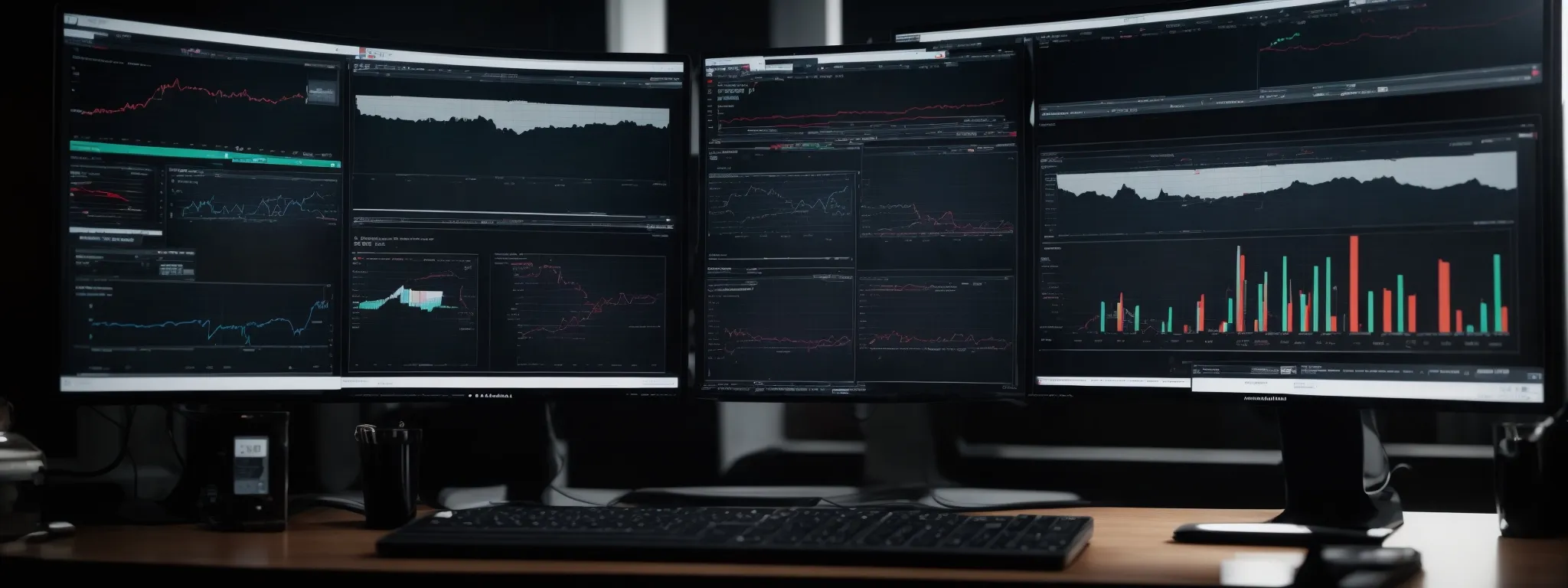 a desktop with multiple screens displaying various graphs and data analytics dashboards.