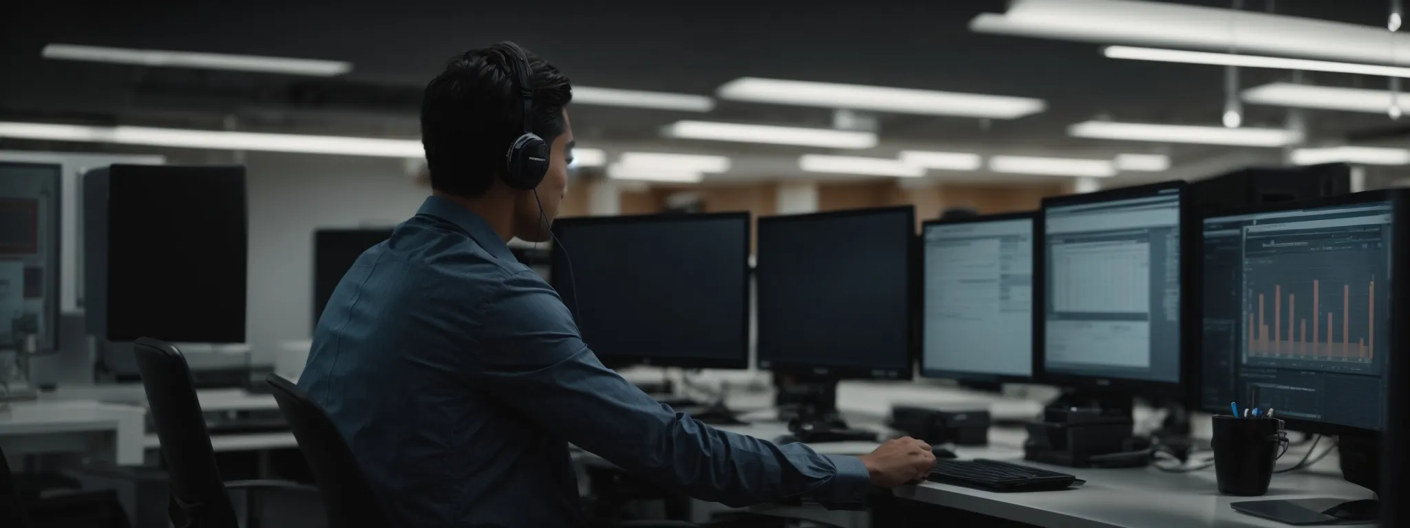 a focused individual analyzes data on a computer screen in a quiet, modern office environment, reflecting a strong online strategy in action.