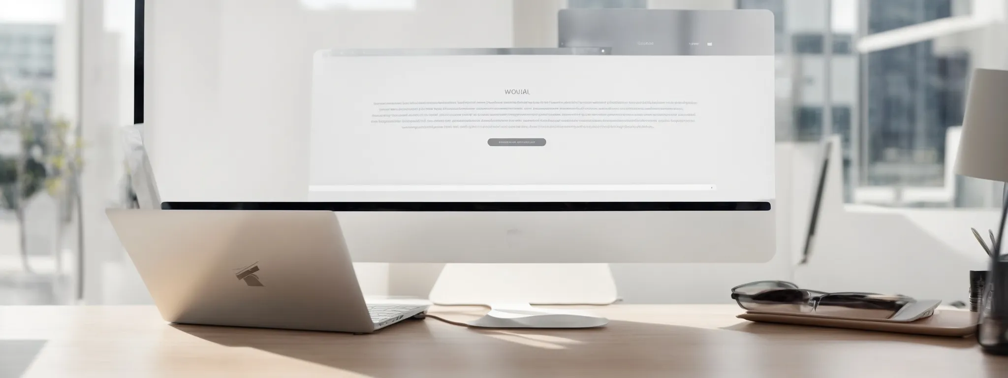a sleek laptop displaying a modern, minimalist website layout against a clean, well-lit office space.