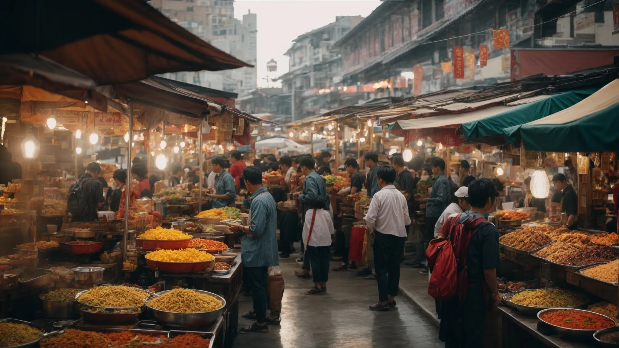 a bustling urban food market with diverse stalls offering an array of local cuisines.