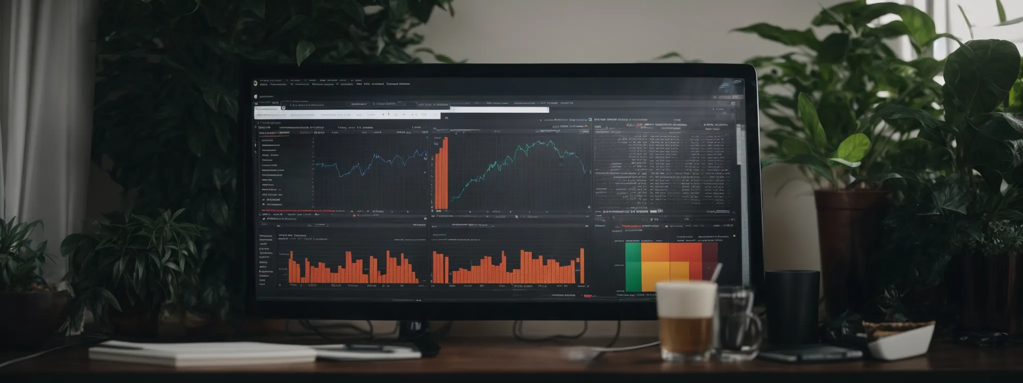 a computer screen displaying a vibrant google sheets dashboard with multiple seo metrics while a python script runs in the background.