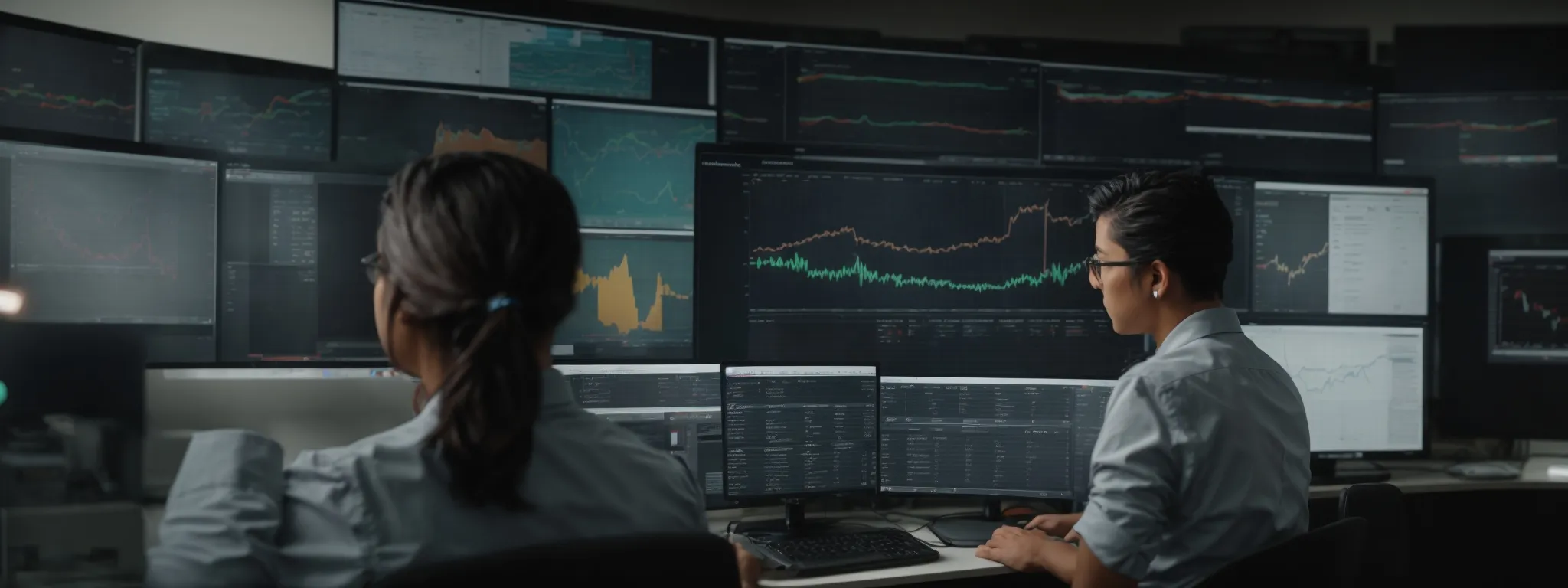 a digital marketing team attentively observes a computer dashboard displaying website traffic analytics and deliverability metrics.