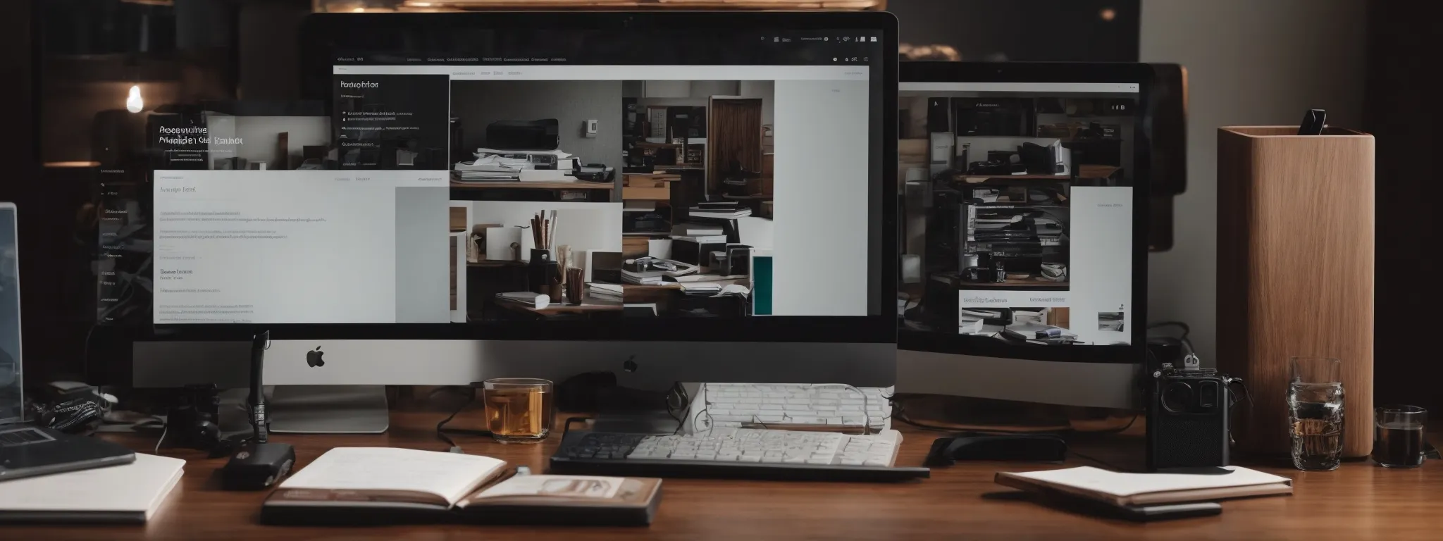 a professional desk setup with a computer displaying the pinterest website and a notepad that visualizes strategy planning.