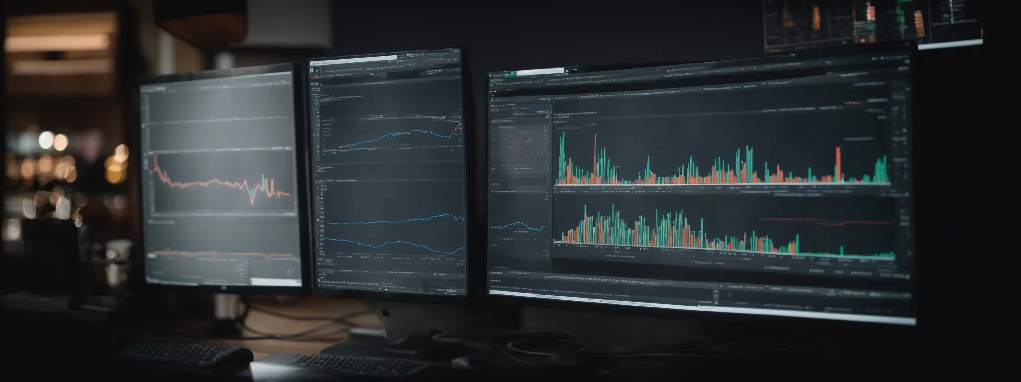 a professional analyzing graphs and reports on a computer screen reflecting website analytics.