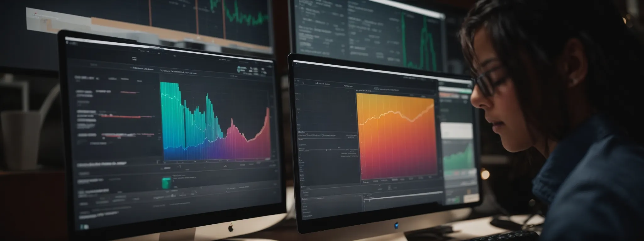 a marketer scrutinizes colorful graphs on a computer screen, revealing trends in click-through rates for different web pages.