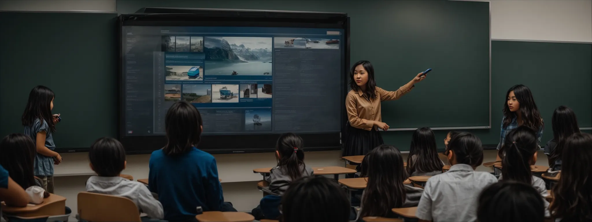 a teacher comfortably navigating through an interactive classroom display while students engage with tablets.