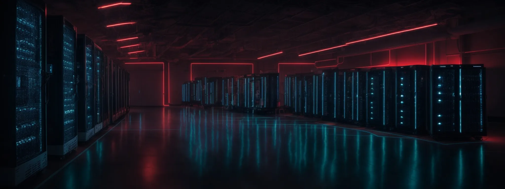a row of servers with glowing led lights in a dim data center room.