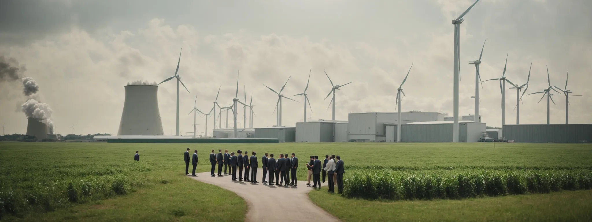 executives shaking hands at a green energy facility, symbolizing a sustainable partnership.