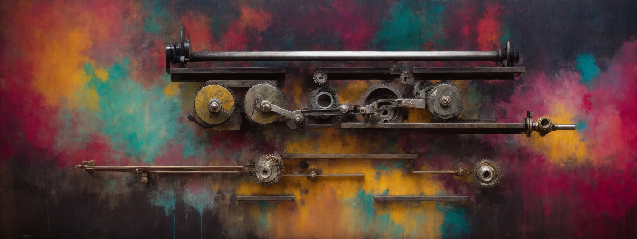 a balance scale with gears on one side and a colorful, abstract painting on the other, symbolizing the balance between technical seo and creative content.