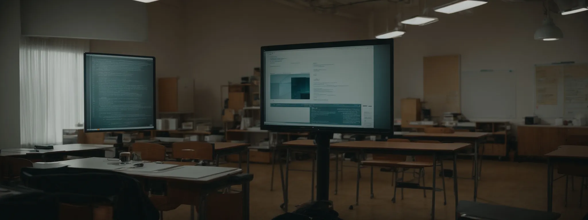 a classroom with a large monitor displaying a magnifying glass and a webpage, symbolizing an seo workshop for beginners.