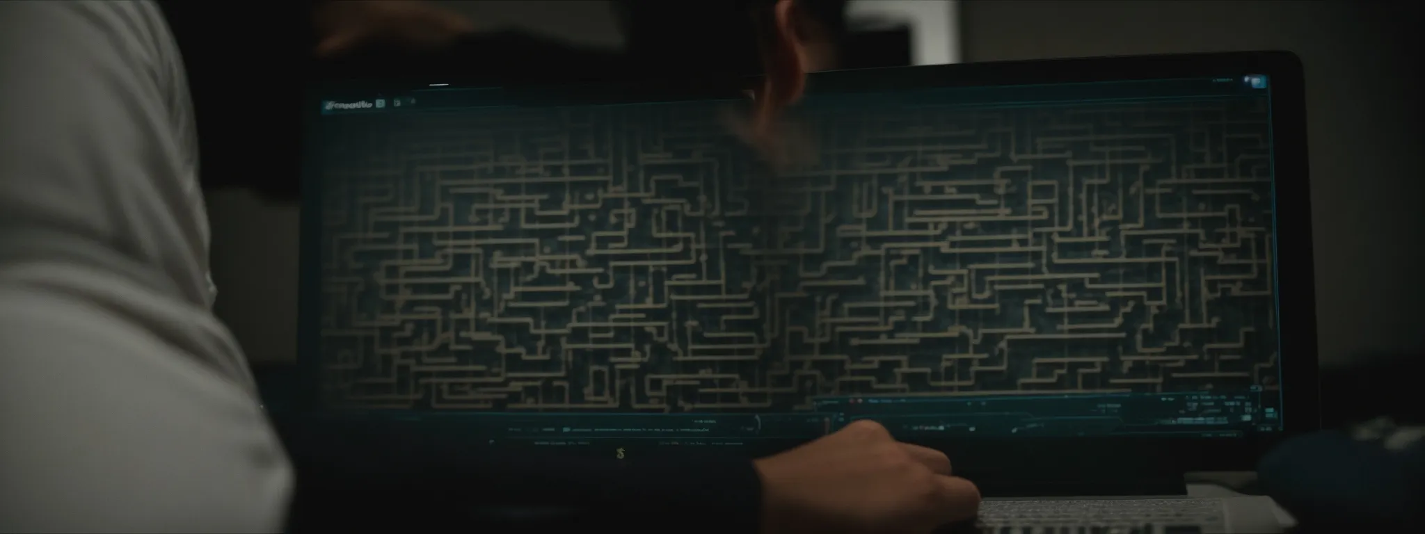 a person examining a complex maze on a computer screen, symbolizing the challenge of adapting to seo changes.