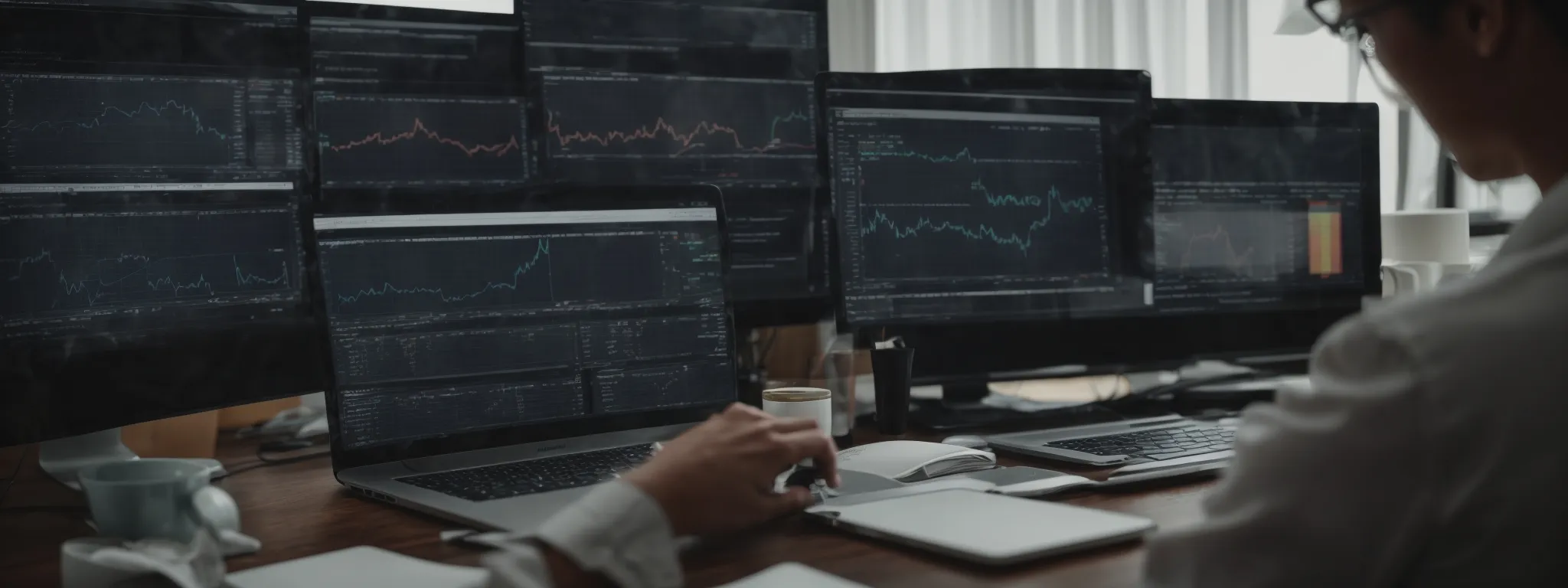 a person examining charts and graphs on a computer with multiple browser tabs open to various seo analysis tools.