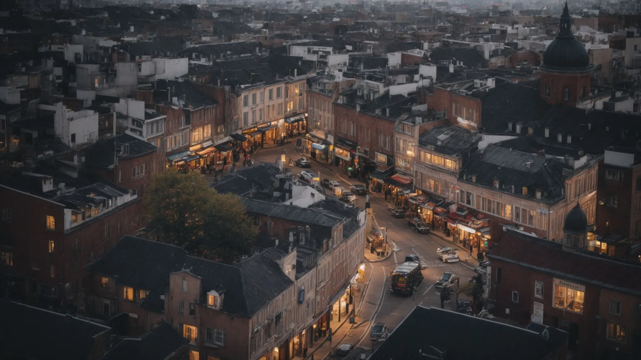 a bustling cityscape with highlighted local businesses visible on a smartphone map application.