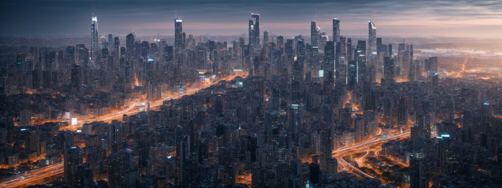 a panoramic view of a futuristic cityscape at dusk, symbolizing the evolution of technology and search optimization.