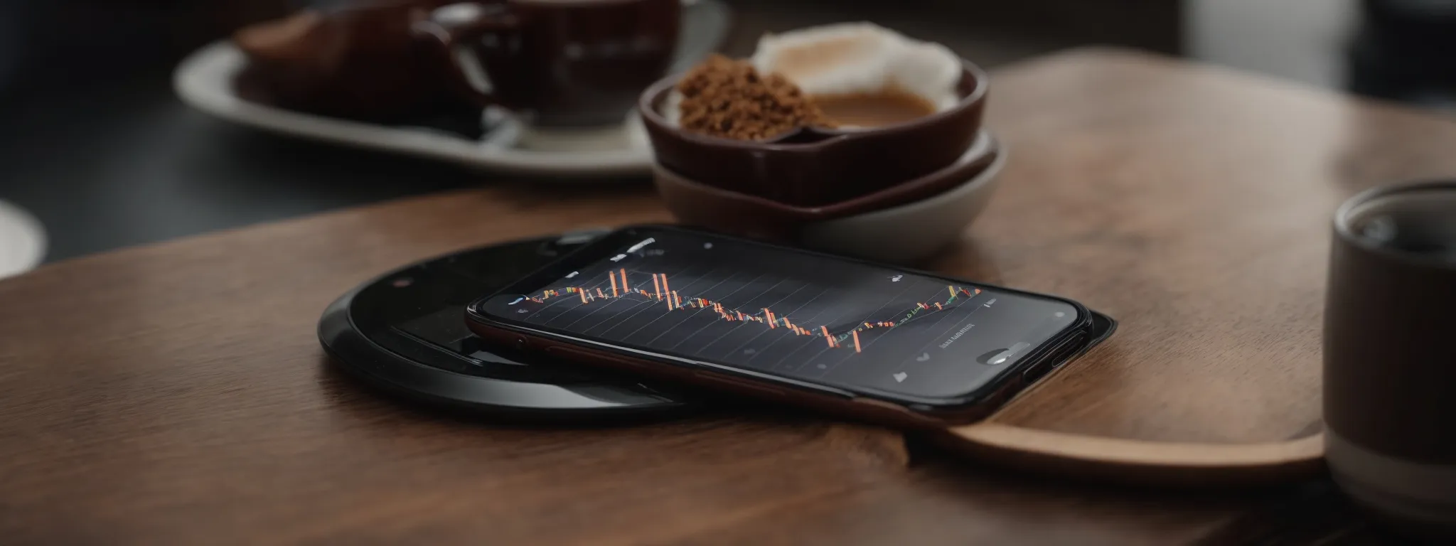 a smartphone displaying a graph of upward trend on its screen, placed on a wooden table beside a cup of coffee.