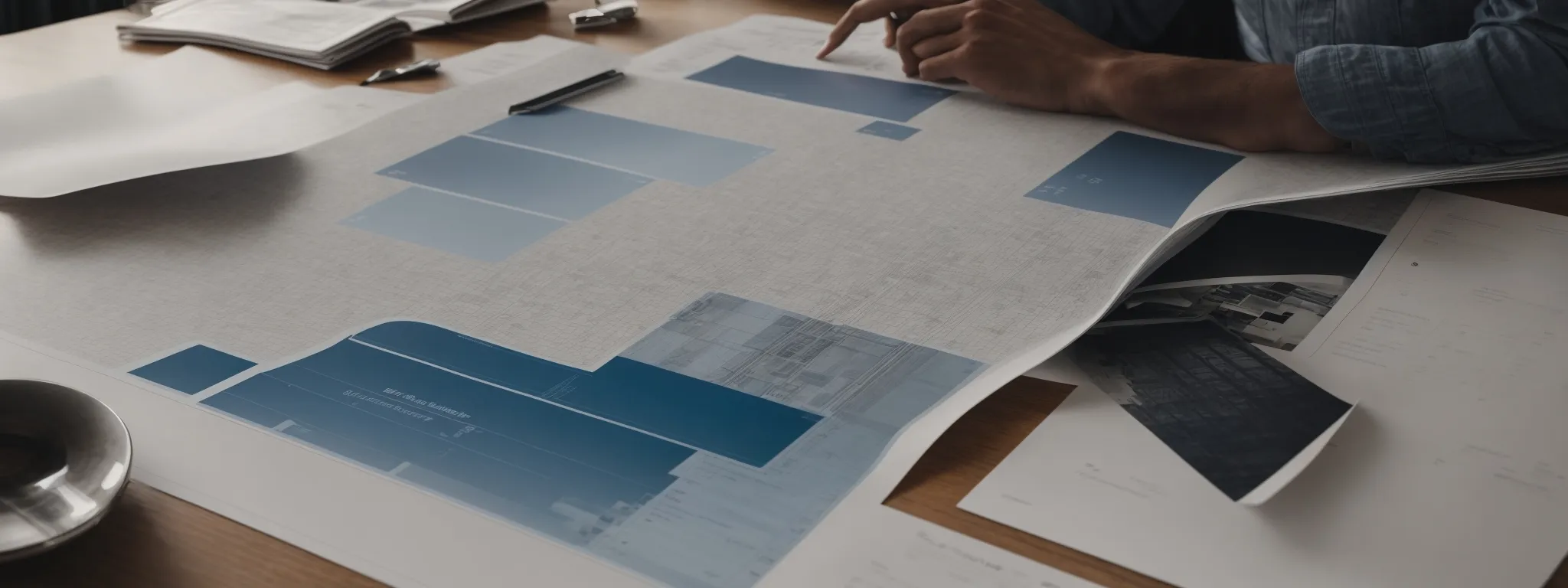 an architect unrolls a blueprinted website layout on a table, highlighting a clear, structured path akin to a sitemap.