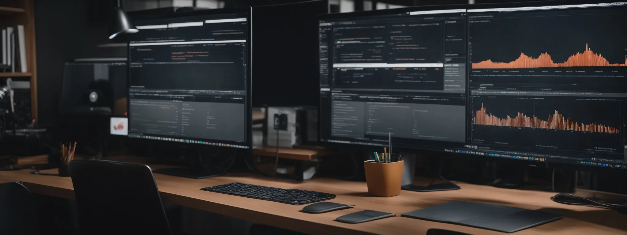 a web designer sits before dual monitors, showcasing a web analytics dashboard on one and a website's landing page on the other, reflecting the blend of seo and cro tactics.
