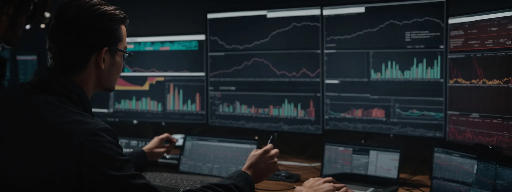 a marketer carefully reviews graphs and charts on a computer dashboard, analyzing video performance metrics.