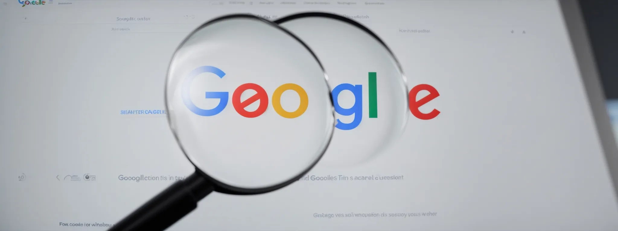 a close-up of a computer screen displaying google's search bar with a magnifying glass nearby, symbolizing seo strategy analysis.