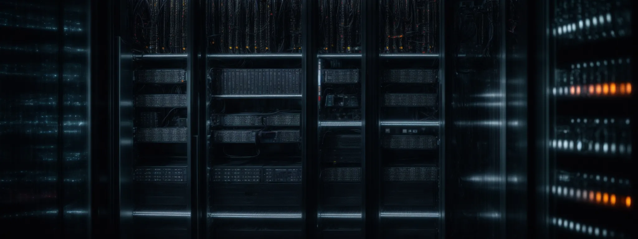 a server rack glowing in a dimly lit data center symbolizing the backbone of web hosting and the potential for seo optimization.