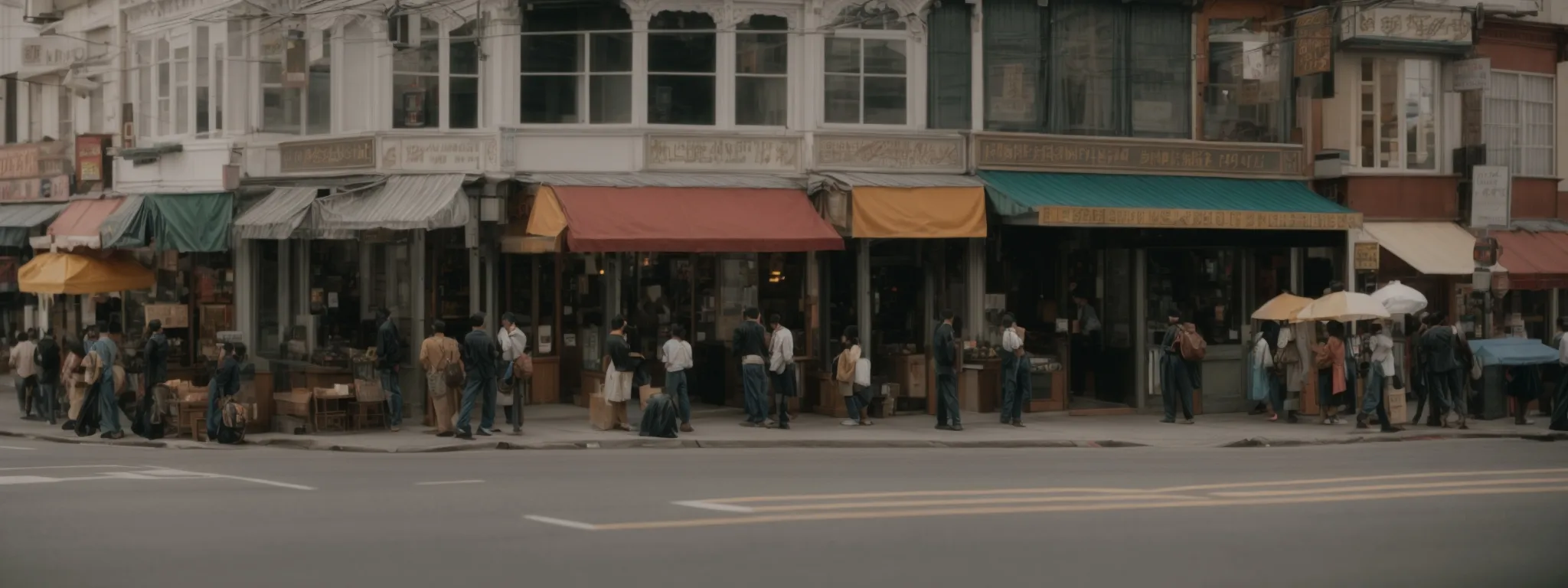 a bustling street corner with diverse storefronts welcoming a stream of local patrons.