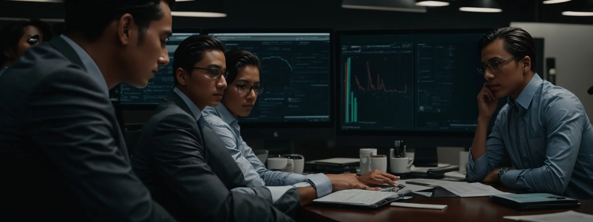 a business team attentively examining analytics on a computer screen.