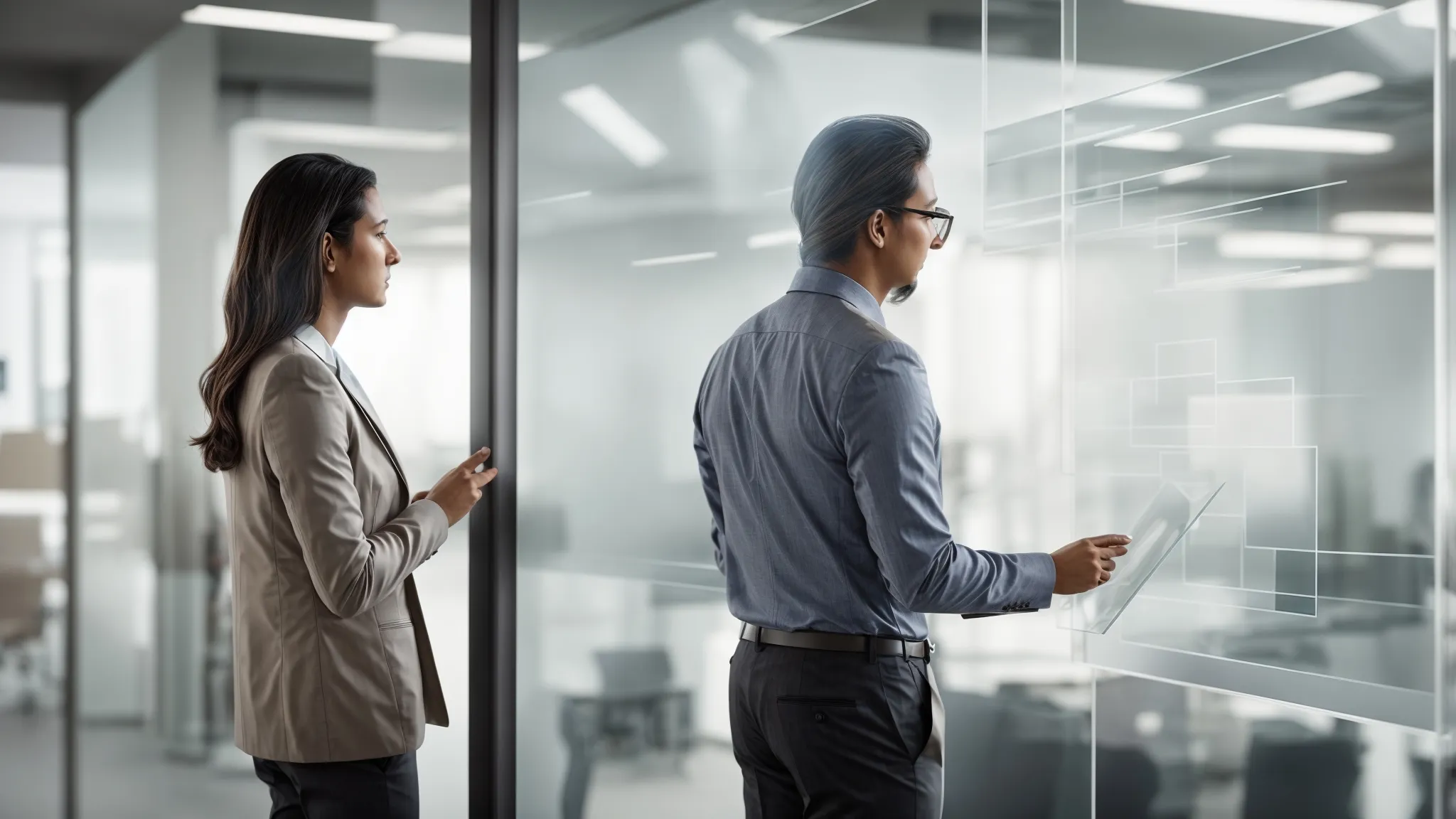 two professionals discussing a strategy over a transparent glass board in a bright, modern office.