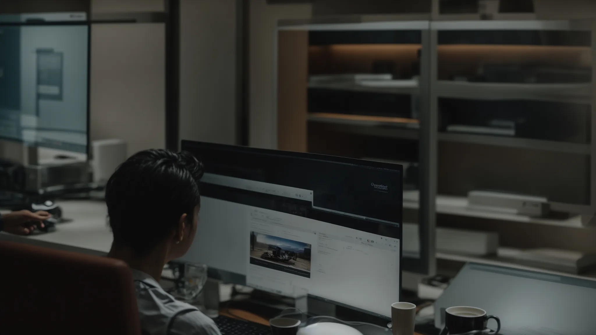 a person sitting in front of a desktop computer with the chrome browser open, engaging in seo tasks.