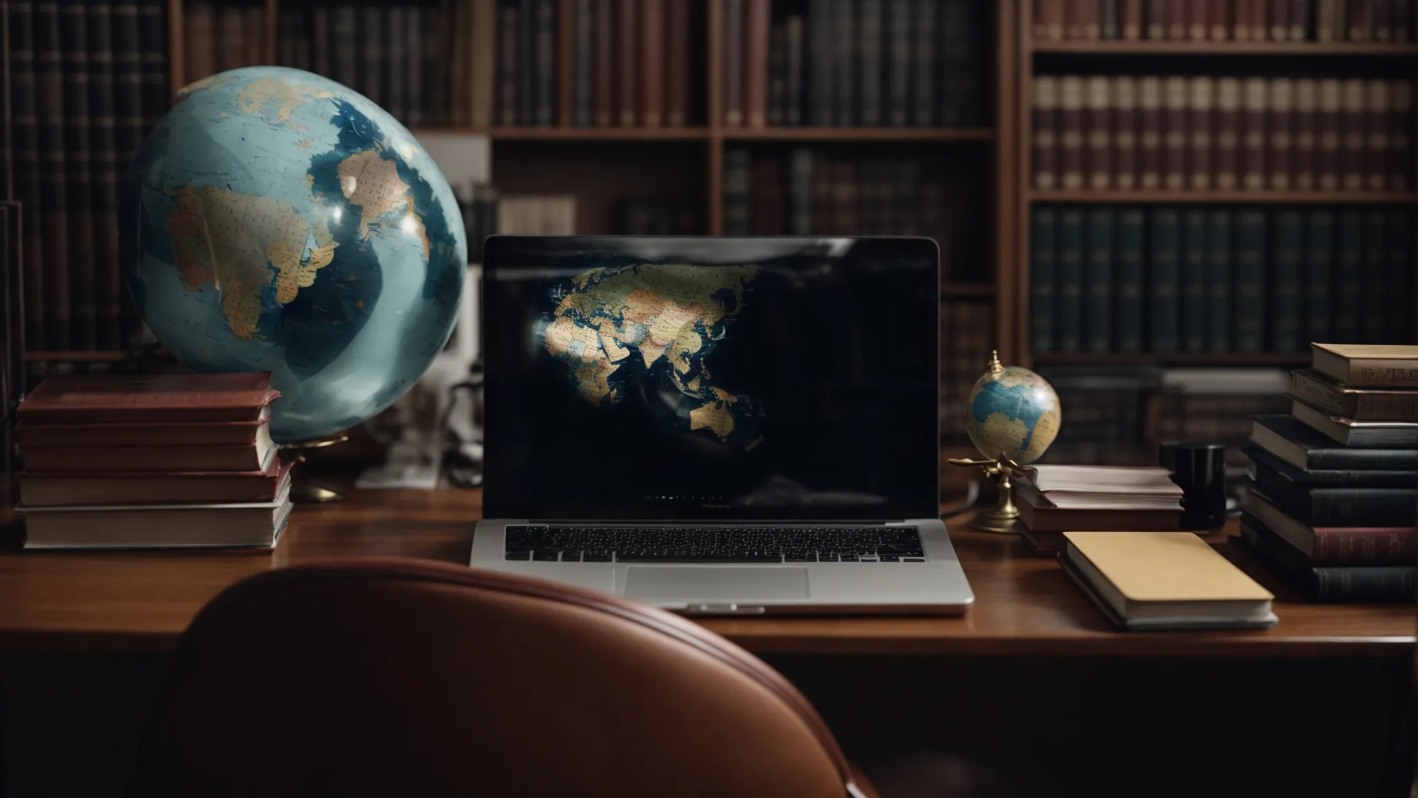 a person sits at a modern desk, typing on a laptop, with law books and a globe beside them, symbolizing global legal insights and digital outreach.