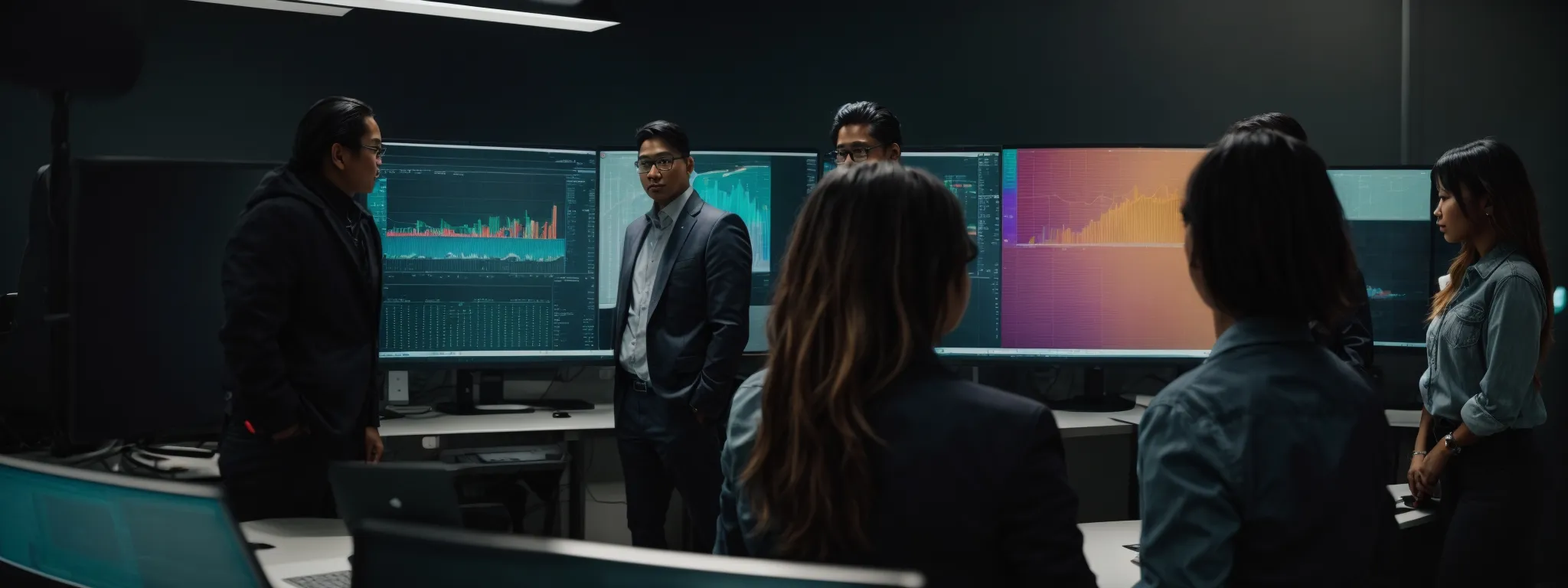 a group of diverse people gathered around a large computer screen, analyzing colorful graphs and data analytics.