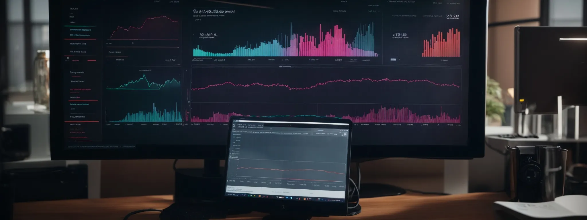 a person observes a vibrant dashboard showcasing graphs and seo metrics on a computer screen in a modern office.