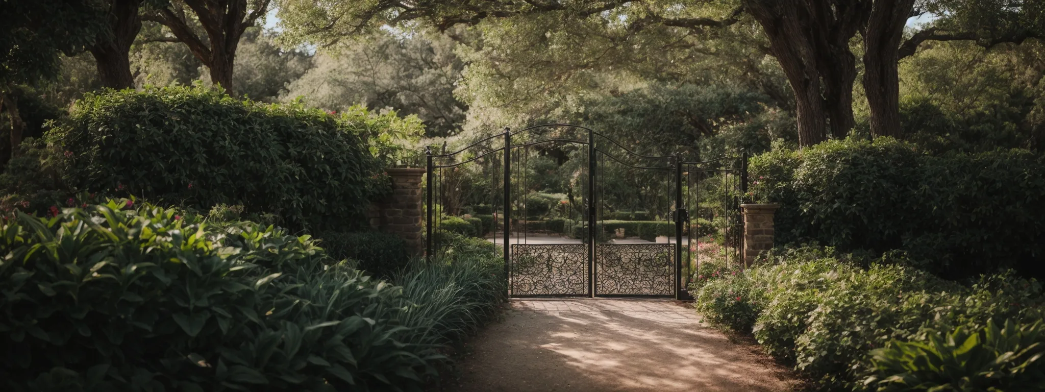 a locked gate at the entrance of a serene garden with a visible path leading towards the center, symbolizing the balance between exclusivity and accessibility.