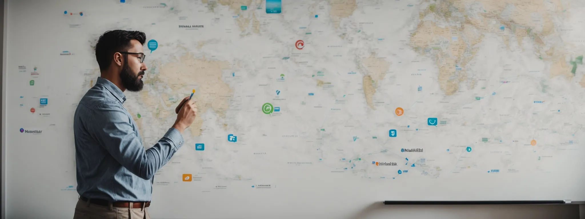 a marketer brainstorming a backlink strategy on a whiteboard with a world map and networking icons.