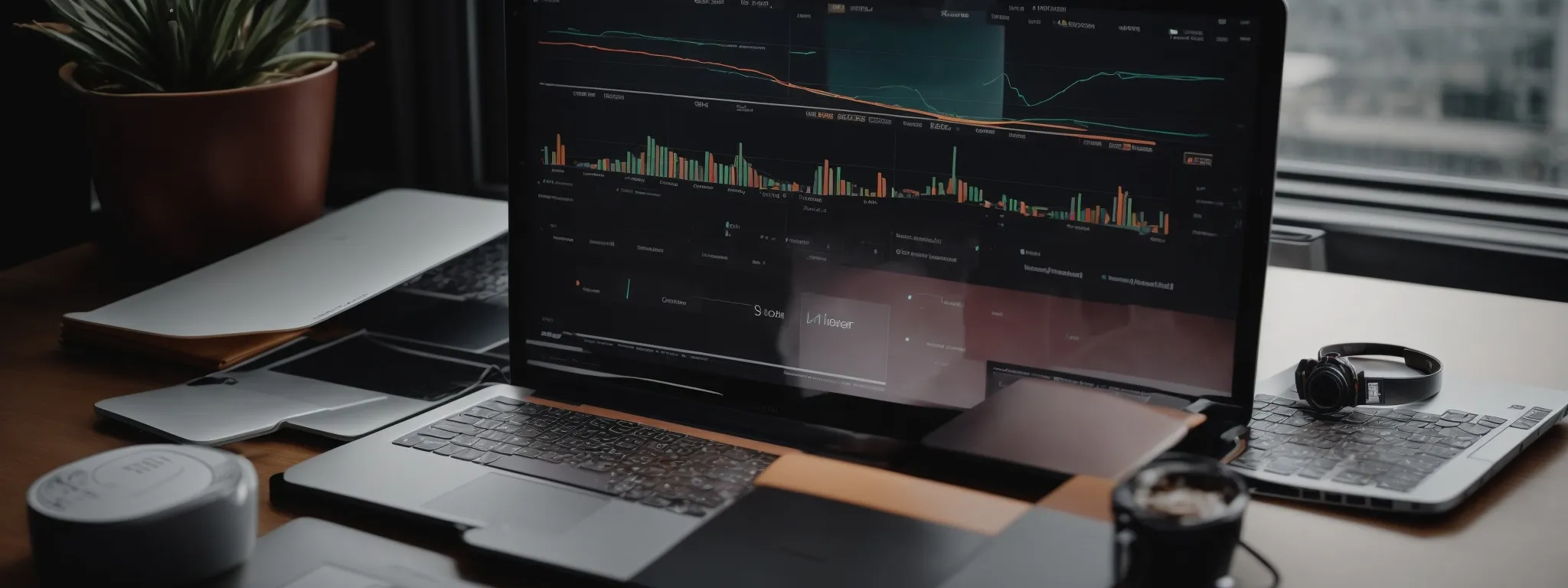 a laptop open on a desk with analytics graphs on the screen amidst marketing strategy reports.