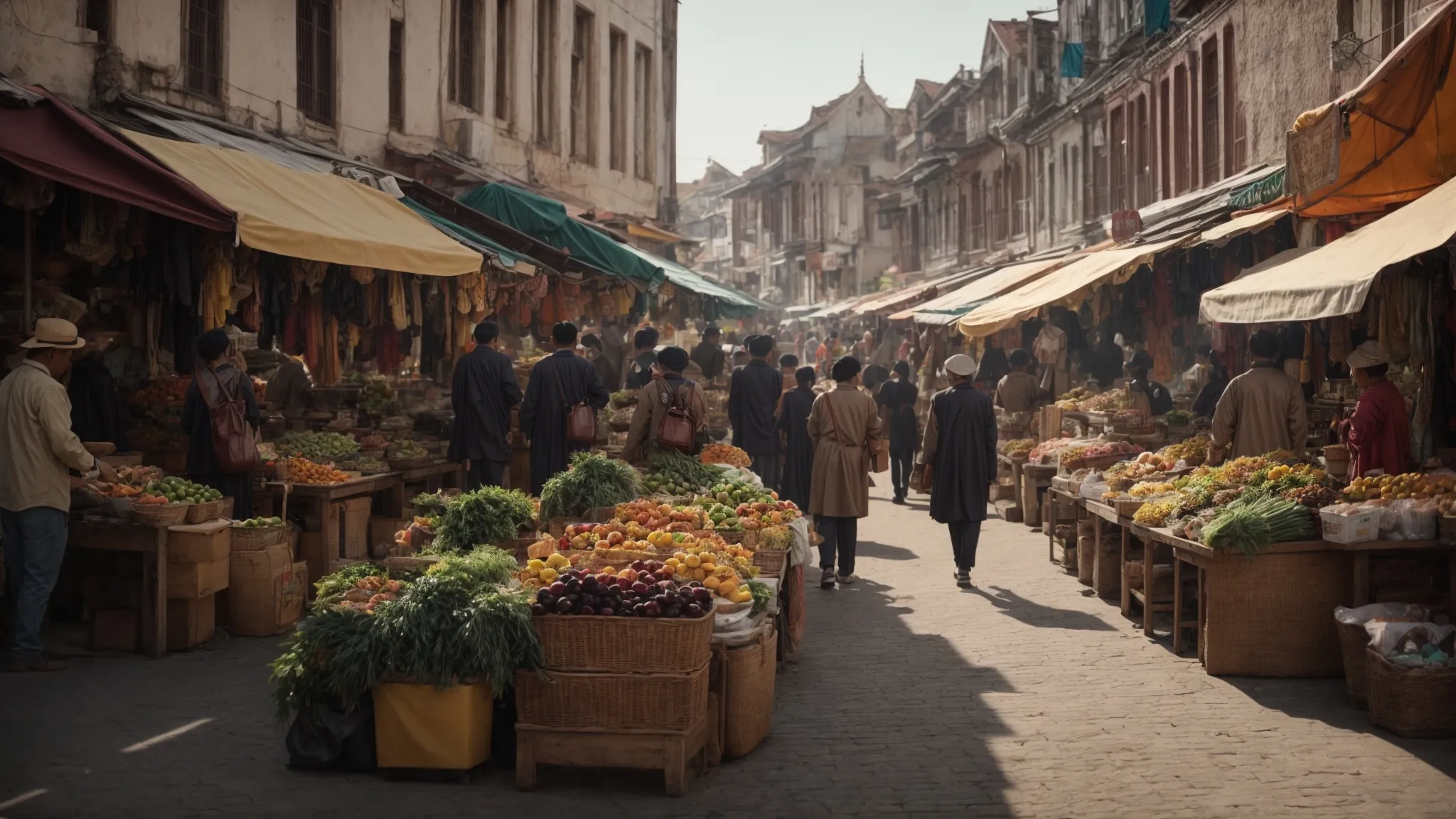 a bustling local marketplace with diverse shoppers and various storefronts.