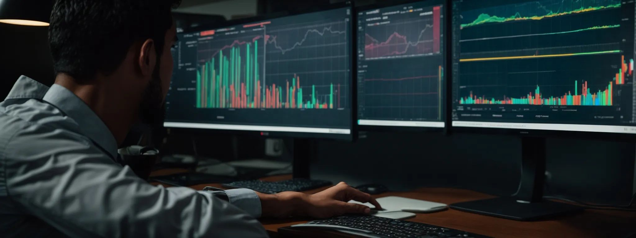 a marketer analyzes colorful graphs on a computer screen, illustrating various performance metrics of digital campaigns.