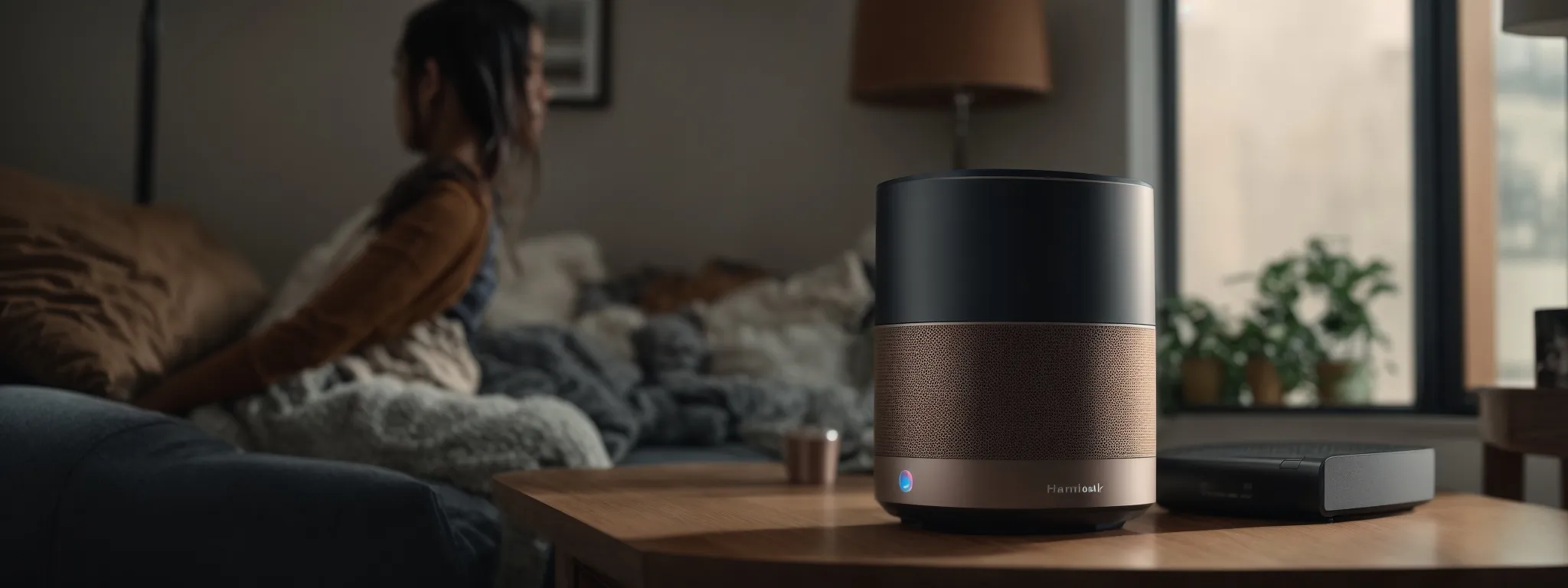 a person interacting with a smart speaker at home, symbolizing voice query technology.