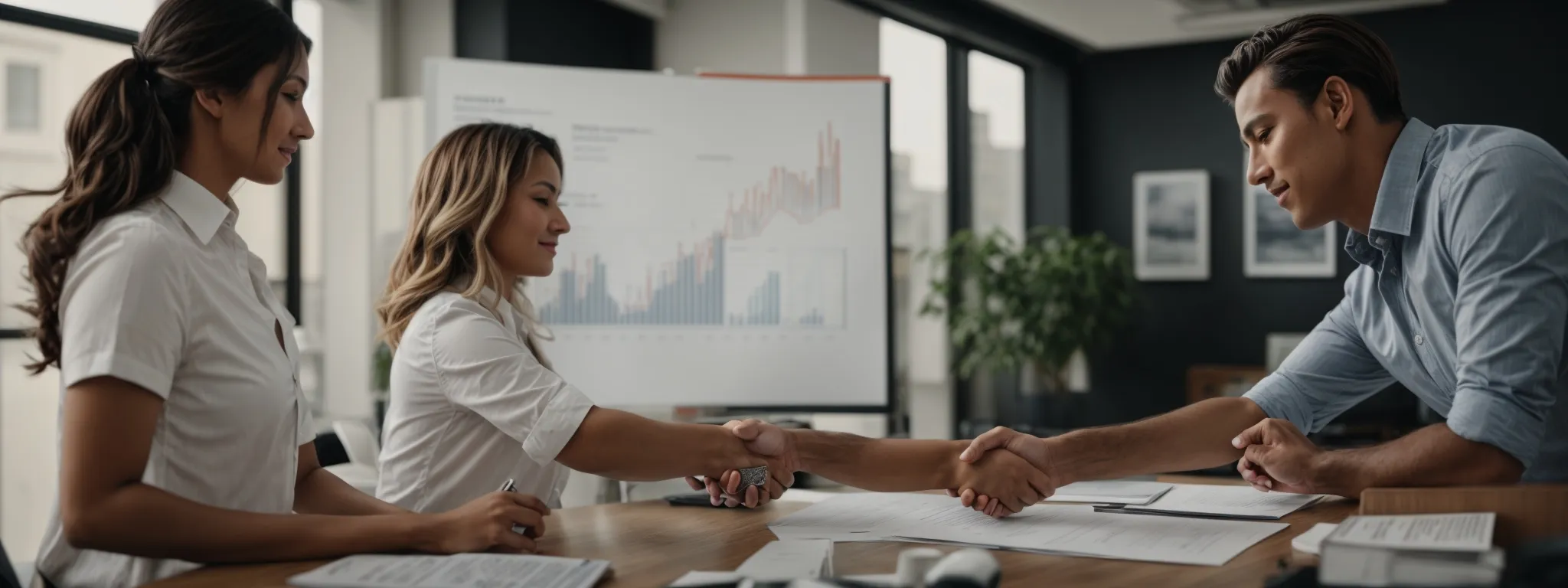 a professional shaking hands with a client across a desk with a graph chart showing upward growth trend in the background.