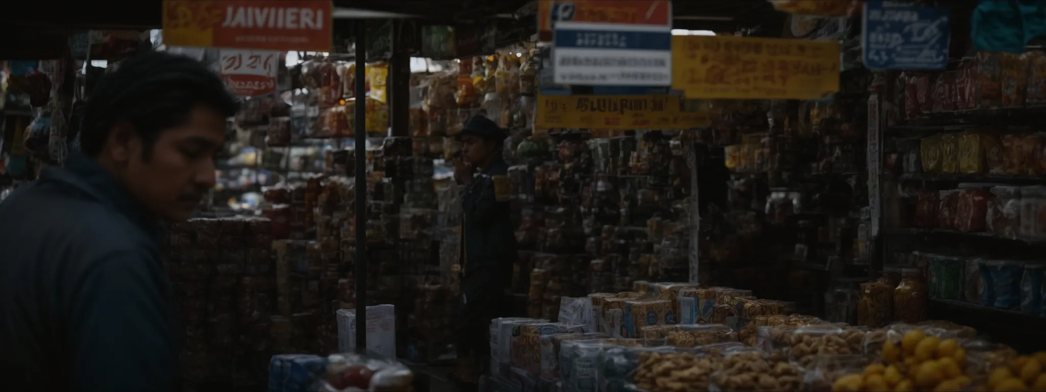 a focused individual intently adjusts the signage atop a display of products in a bustling marketplace.